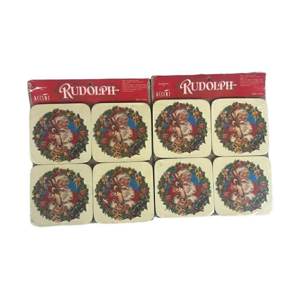 Rudolph & Santa Holiday Coasters Set of 8 Cork Montgomery Ward 1993 vintage